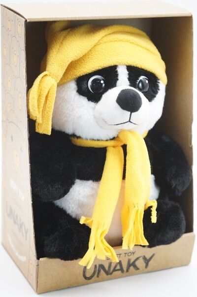 Мягкая игрушка в средней подарочной коробке Панда Фо Бо средняя, 25 см, с шариками для мелкой моторики, в жёлтых колпаке с кисточкой и шарфе, 0977225-29-67M